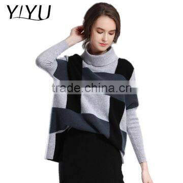 Newest winter women stripe color block turtleneck cashmere sweater