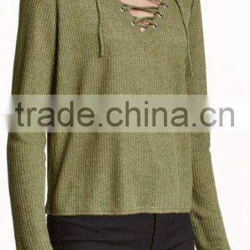 Ladies Wearing Hand Knitted Wool Sweaters With Lacing V-Neck Design photo-3