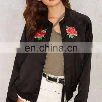 2017 Custom Wholesale Rose Embroidered Satin Bomber Jacket Women photo-2