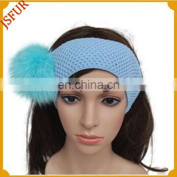 Baby Blue With Match Color Fox Fur Pom Pom Knit Headband