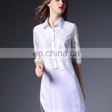 OEM/ODM Mini Order Fashion Women Scallop Lace Half Sleeves Summer Sexy Office Lady White Shirt Dress photo-5