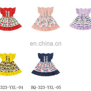 Light Purple Flutter Sleeve Girl Dress Stripe and Flower Pattern Short Sleeve Beautiful Dresses For Baby Girl photo-7