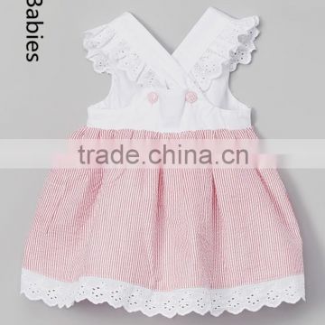 Wholesale smocked clothing baby girl pretty cotton lace trim A- line dress