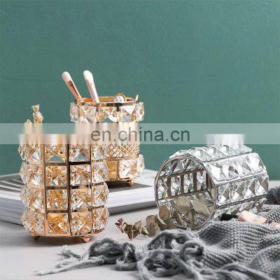 Makeup Brush Holder Luxury Gold Metal Vanity Storage Box Case Cup Cylinder Diamond Make Up Holder Crystal Makeup Brush Organizer