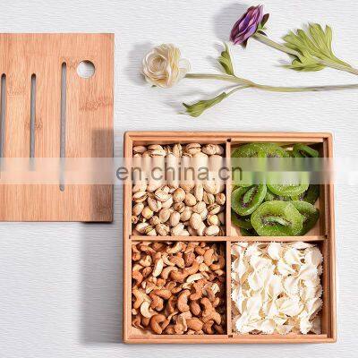 Elegant Design Square Bamboo Snack Serving Tray 4 Compartments Dried Fruit Storage Box With Bamboo Lid Pantry Organizer photo-2