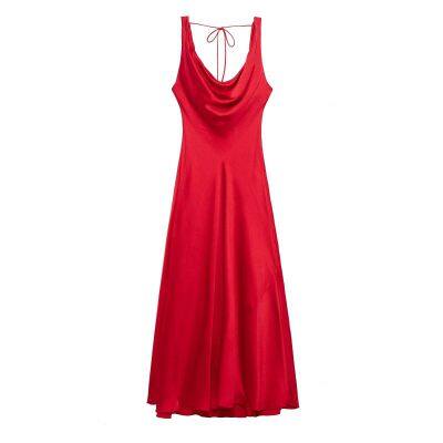 European and American women's swinging collar silk texture long suspender dress long skirt