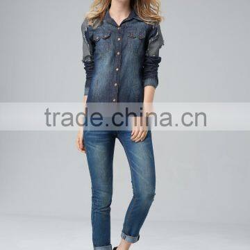 2016 Womens slim fit denim dress long sleeve cowboy shirt