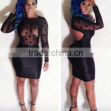 2014 Black Dot Flock Mesh Panel Bandage Bodycon Dress