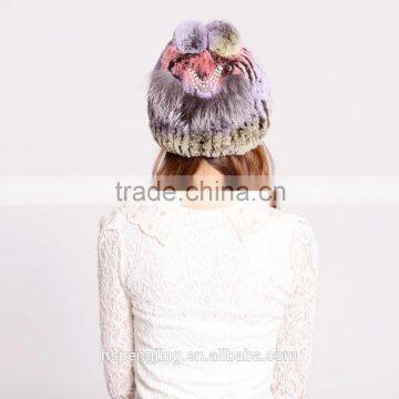 2015 new fashion rabbit fur hat with pom poms and silver fox fur