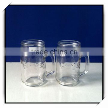 custom made 380ml round drink juice glass mason jar with handle and cap