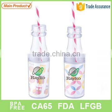 plastic double wall drink bottle with lid and straw