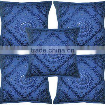 Blue Home Furnishing Decorative Heavy Handmade Embroidered And Mirror Work Indian Cotton Pillow Cushion Covers