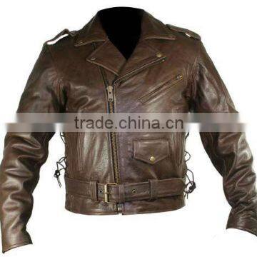 Mens Brown Leather Motorcycle Jacket with Side Laces