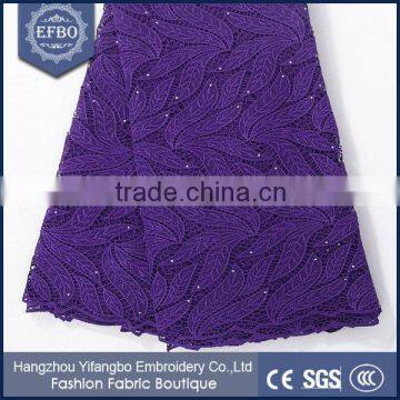 Purple 100 polyester satin lace rhinestones decoration embroidery lace fabric nigerian woman dress guipure lace