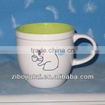 Inner Color Glazed Belly Shaped Ceramic Mug with Cartoon Decal