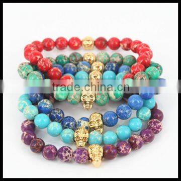 kjl-cst25 mix color natural regalite round stone beads bracelet beaded gold skull head men charm bracelet