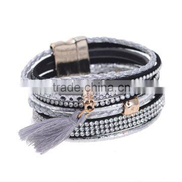 New Tassel Crystal Leather Bangle Fashion Rhinestone Wrap Leather Bracelet Multilayer Bangles photo-5