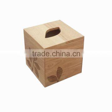 Wood square Tissue Box with laser logo, tissue holder with carved pattern