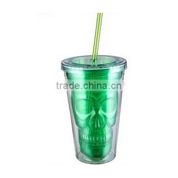 16oz colorful Skull plastic double wall tumbler with lid and straw