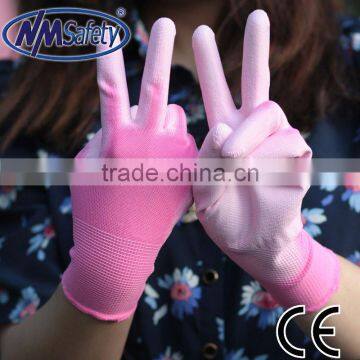 NMSAFETY 13 gauge pink polyester palm coated white pu glove (nylon available)