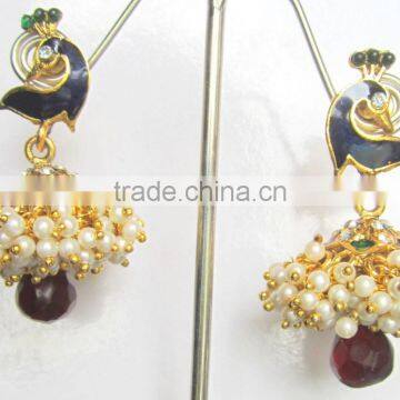 Peacock Pearl Gold Plated Dangler Jhumka EARRINGS photo-3