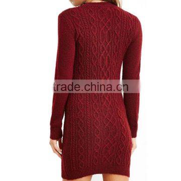 Elegent Slim Fit Wine Red Crew Neck Long Sleeves Cable-knit Ladies Custom Knitted Dress photo-3