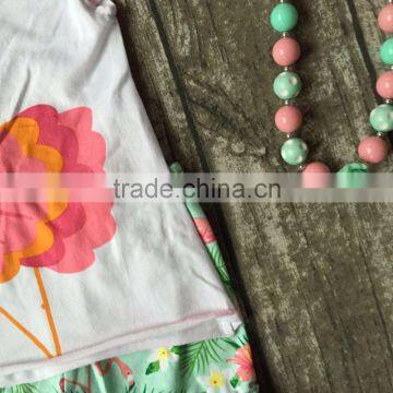 New Girls Outfit Flamingo Set White Coral Mint Kids Boutique Short Sets Ruffles Cotton Girls Clothing Matching With Accessories photo-3