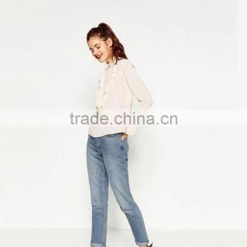 2016 Online Wholesale Latest Simple Design Elegant Lace Inserts High Neck Designs Women's Ruffle Shirt Ladies Top and Blouses photo-4