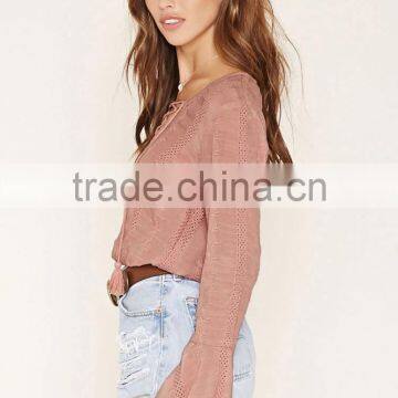 2016 High Quality Plain Dyed Cotton Fashionable Summer Bell Sleeve Blouse photo-2