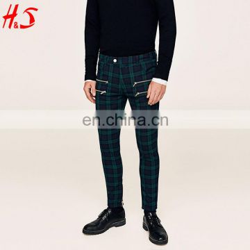 New Style Wholesale Man Fashion Slim Fit Checked Trousers With Zips