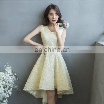 2017Youthful Yellow V Neck Sleeveless Lace-up A Line Bow Elegant Hi-lo Backless Evening Dress