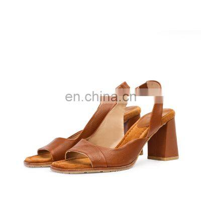 Brown high block heeled ankle strap with back strap women sandals ladies shoes