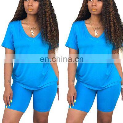 Clothing Manufacturers Custom Logo Women's Plus Size Summer V-neck Casual Sports T-shirt + Shorts Jogging Suit photo-3
