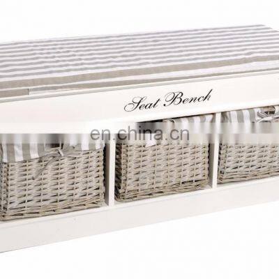 Three BASKET White Wooden Seat BENCH Useful Compartment Storage Organiser Fabric photo-3