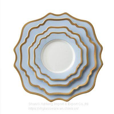 Wholesale Nordic Blue Crockery Ceramic Durable Bone China Tableware Porcelain Plate Set With Gold Rimmed