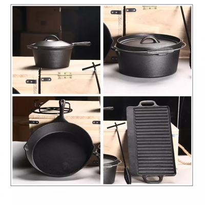 Heavy Duty 7pcs Non Stick Cookware Cast Iron Pots Frying Griddle Pans Dutch Oven Camping Set for Outdoor Cooking photo-5