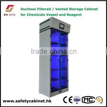 Vented filtering storage cabinets with standalone exhaust fan filter system