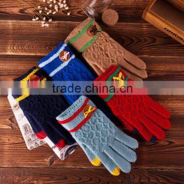 The new winter knitting gloves female touch Fashionable jacquard pure color warm lady finger gloves, Full Finger gloves