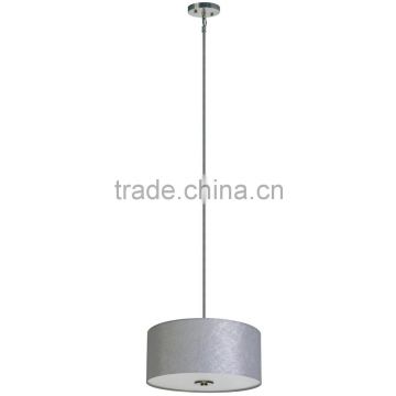 3 light chandelier(Lustre/La arana) in satin steel finish with a round 16" twisted silver fabric shade