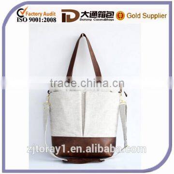 Natural linen and leather diaper bag nappy bag tote style