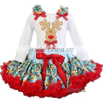 Xmas Blue Reindeer Pettiskirt Reindeer Tutu White Tee Party Dress