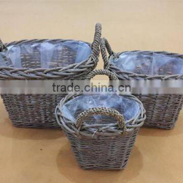 beautiful hottest grey set of 3 pcs round willow wicker basket pot with ear in Europe