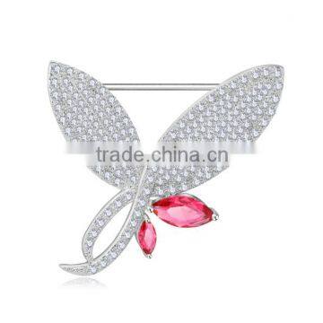 Platinum Plated Butterfly and Leaf Brooch in 4 Colors With AAA+ Cubic Zircon Micro Pave Setting for Women and Men in 4 Colors