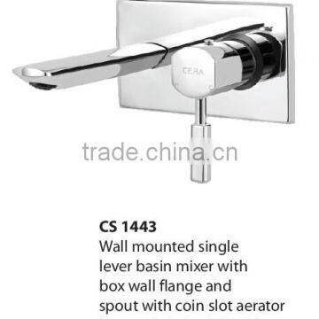 Wall mounted single lever basin mixer with box wall flange and spout with coin slot aerator (concealed single body)