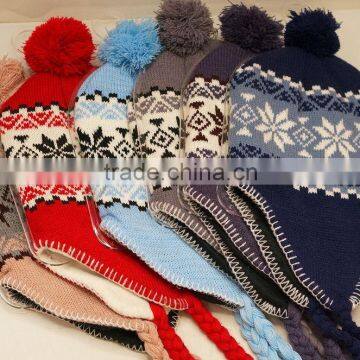 Snowflakes pattern fleece lined knit winter earflap beanie hat