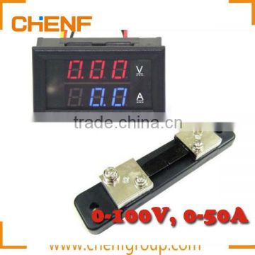 China Manufacture Red Blue Digital LED Dual Display Voltmeter 0-100V Ammeter 50A Amp Volt + Current Shunt