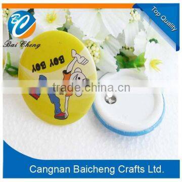 cool design China BAICHENG unique made plastic safety pin button badges for fun as the kids' clothes charming player for you