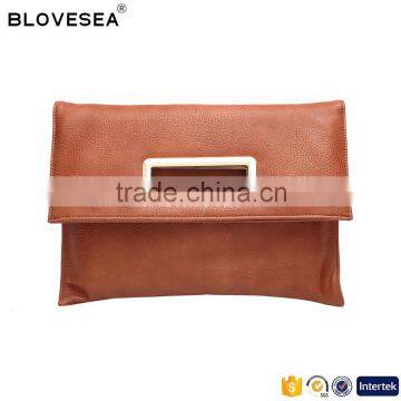Guangzhou factory plain clutch handbag casual fold-over ladies PU leather clutch bag