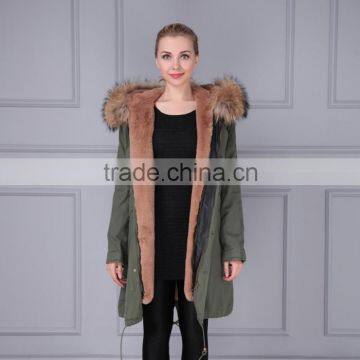 Genuine Italian fashion design khaki green fake fur parka with fur hood