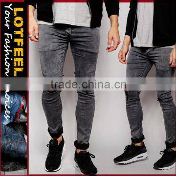 Stone wash Distoryed denim skinny man jeans pant with Rip Knee men 3d jeans(LOTA025)